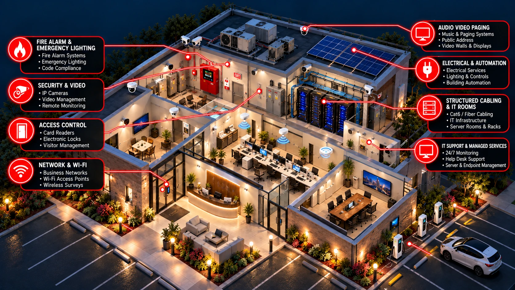 Cutaway of a commercial building showing the systems CC-Teknologies installs and services